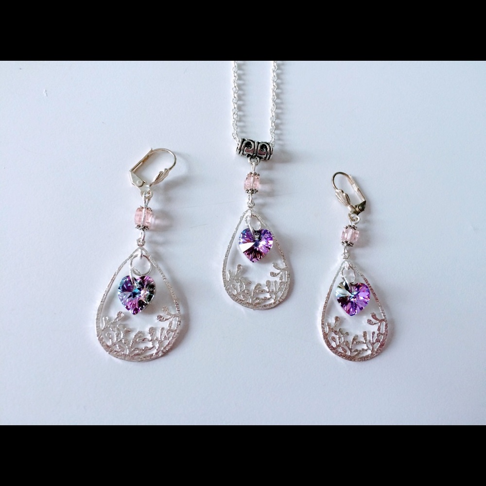 Swarovski vitrail heart necklace earrings set new